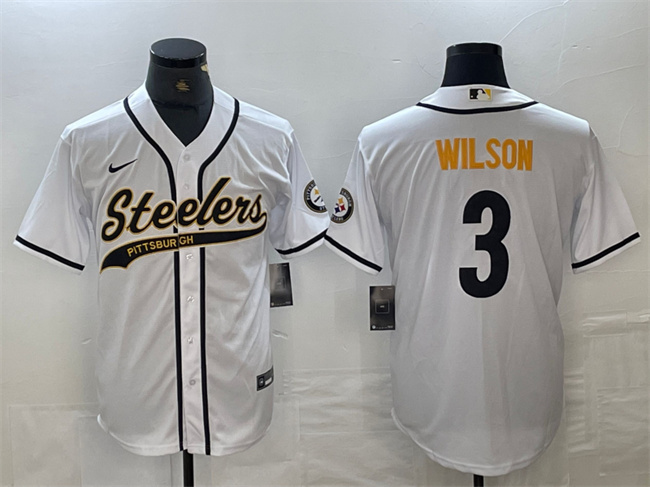 Men's Pittsburgh Steelers #3 Russell Wilson White With Patch Cool Base Stitched Baseball Jersey Men's Pittsburgh Steelers #3 Russell Wilson White With Patch Cool Base Stitched Baseball Jersey